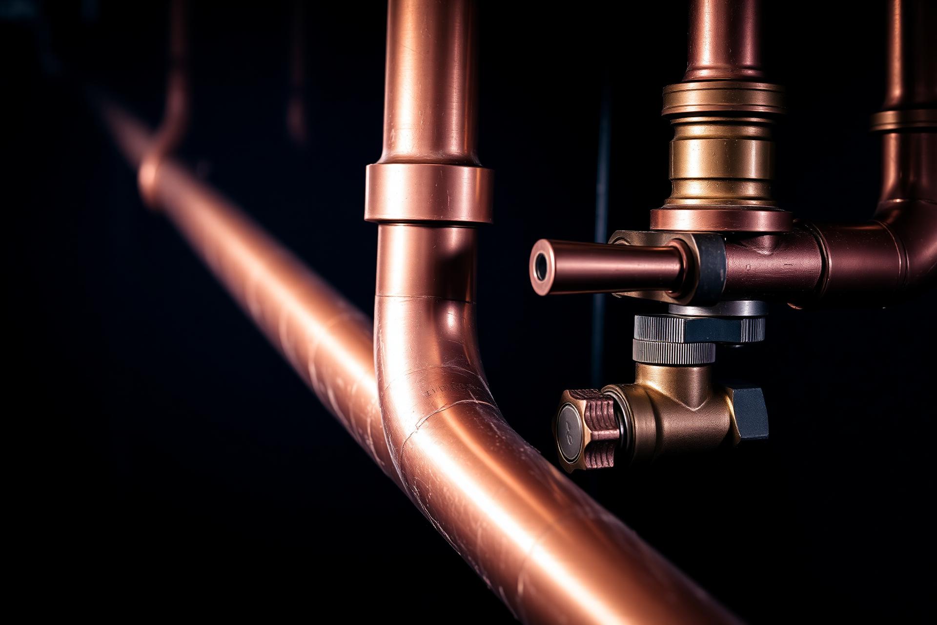 Polished copper plumbing pipes and brass valves
